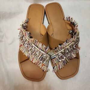 Crown Vintage Womens Fringe Rhinestone Boho Slip On Flat Heel Sandals